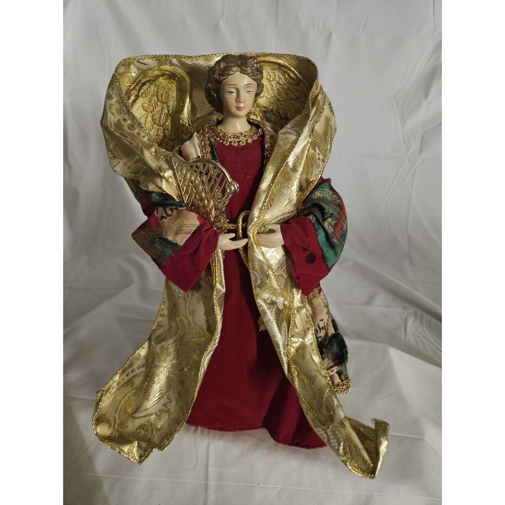 Beautiful 13" T Angel Christmas Tree Topper  Red & Gold Fabric & Porcelain Face